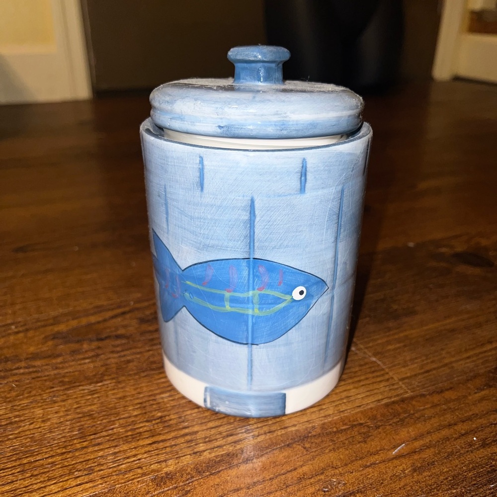 September Inc. Hand Painted Ceramic Nautical Blue Art Deco Jar W/ Lid Vintage - Picture 2 of 12